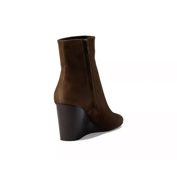 Vince Brown Suede Andy Wedge Square Toe Ankle Bootie Side Zip Stacked Heel 7 37