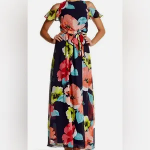 Vince Camuto Floral Cold Shoulder Chiffon Maxi Dress. Size 8