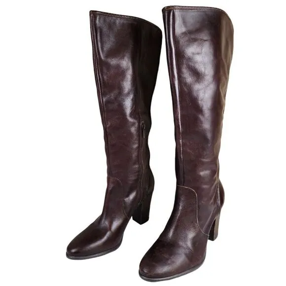 Vince Camuto- Framina Brown Leather Knee High Riding Boots Side Zip, Size 10.5