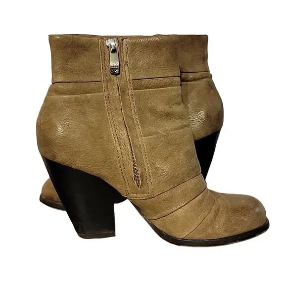 Vince Camuto Tan Leather Ankle Block Heel Booties Side Zip Belta Boots Size 5.5