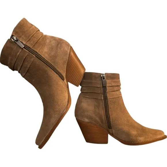 Vince Camuto Tan Suede Ankle Boots Size 6M Side Zip Stacked Heel