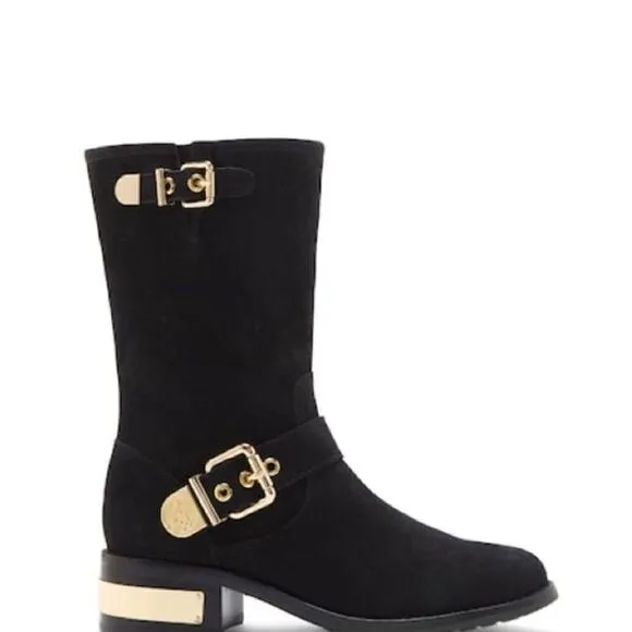 Vince Camuto Women’s Size 6 Winchell Moto Boots Black Leather Gold Hardware New