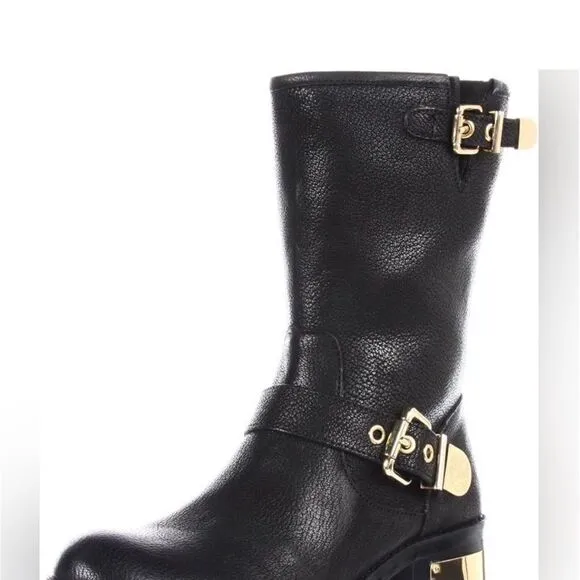 Vince Camuto Women’s Size 6 Winchell Moto Boots Black Leather Gold Hardware New