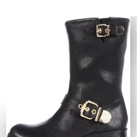 Vince Camuto Women’s Size 6 Winchell Moto Boots Black Leather Gold Hardware New