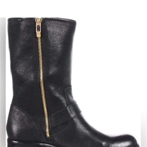 Vince Camuto Women’s Size 6 Winchell Moto Boots Black Leather Gold Hardware New