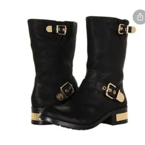 Vince Camuto Women’s Size 6 Winchell Moto Boots Black Leather Gold Hardware New