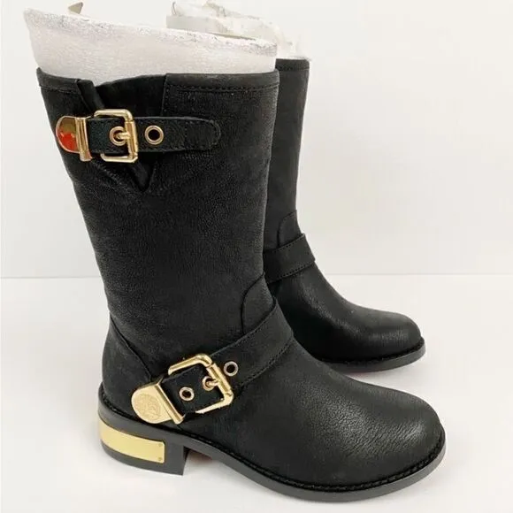 Vince Camuto Women’s Size 6 Winchell Moto Boots Black Leather Gold Hardware New