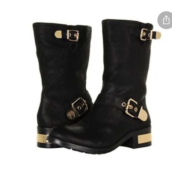 Vince Camuto Women’s Size 6 Winchell Moto Boots Black Leather Gold Hardware New