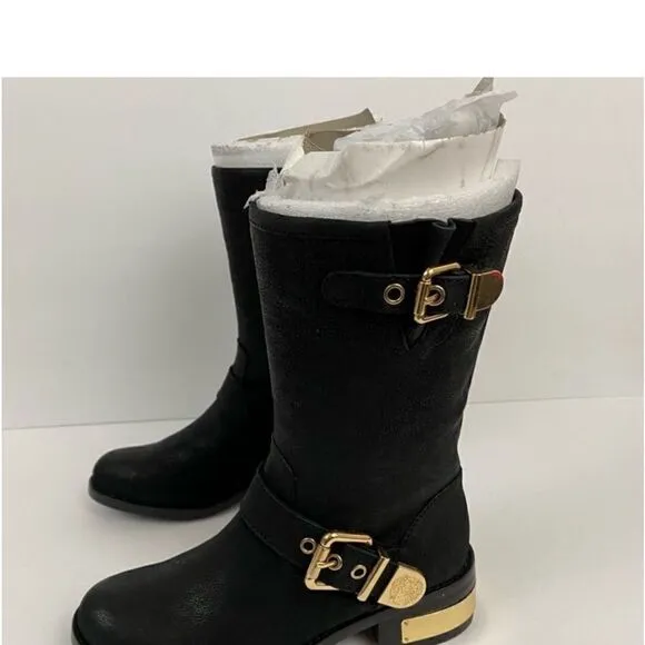 Vince Camuto Women’s Size 6 Winchell Moto Boots Black Leather Gold Hardware New
