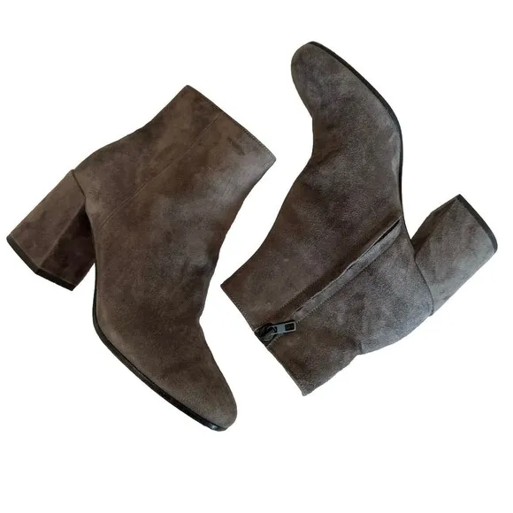 Vince Gray Suede Block Heel Ankle Boots Booties Side Zip Minimalist Women’s 6 M