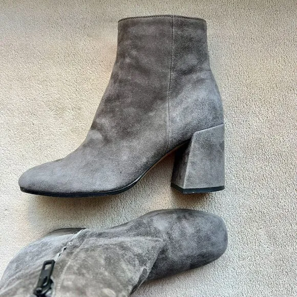 Vince Gray Suede Block Heel Ankle Boots Booties Side Zip Minimalist Women’s 6 M