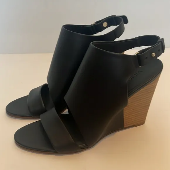 Vince Karen Black Leather Slingback Wedges 8.5
