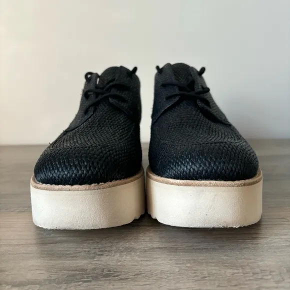 Vince Zina Raffia Woven Platform Derby Black Oxford Shoes Size 7