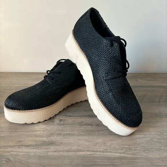 Vince Zina Raffia Woven Platform Derby Black Oxford Shoes Size 7