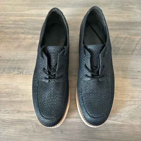 Vince Zina Raffia Woven Platform Derby Black Oxford Shoes Size 7