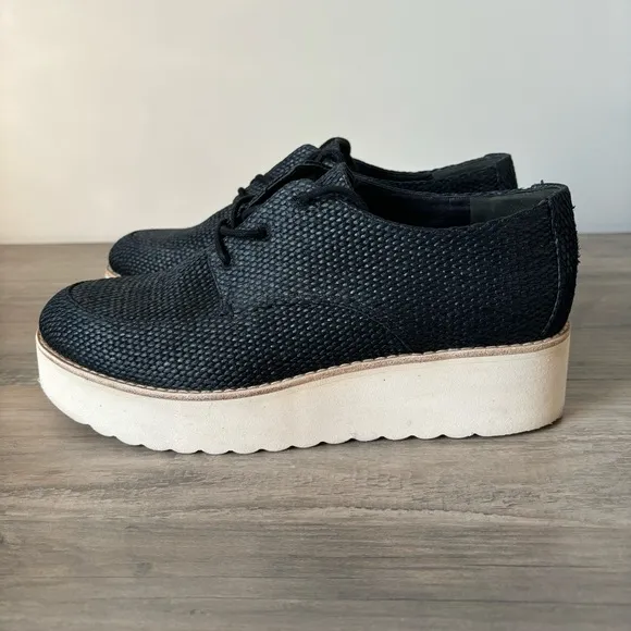 Vince Zina Raffia Woven Platform Derby Black Oxford Shoes Size 7