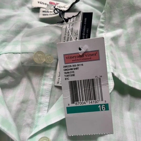 Vineyard Vines Classic Fit Green Gingham Tucker Yarn Shirt Button Up, Size 16
