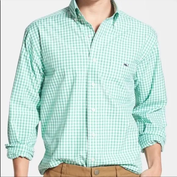 Vineyard Vines Classic Fit Green Gingham Tucker Yarn Shirt Button Up, Size 16