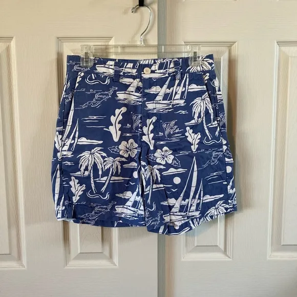 Vineyard Vines Mens Anguilla Map, Palm Trees &amp; Boat Print 7” Breaker Sho…