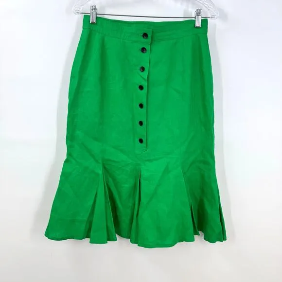 Vintage Escada Margaretha Lay 100% Green Linen Skirt 40 Mermaid Button Up Back