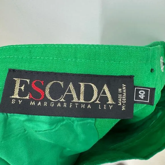Vintage Escada Margaretha Lay 100% Green Linen Skirt 40 Mermaid Button Up Back