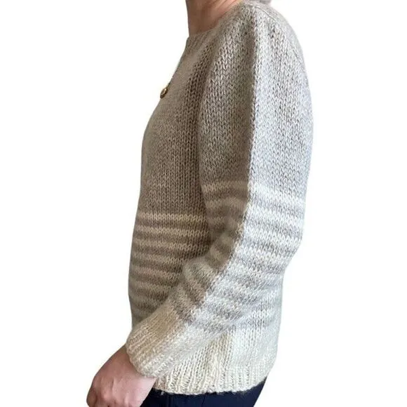 Vintage Hand Knit 100% Wool Brown White Striped Winter Boat Neck Sweater Sz M