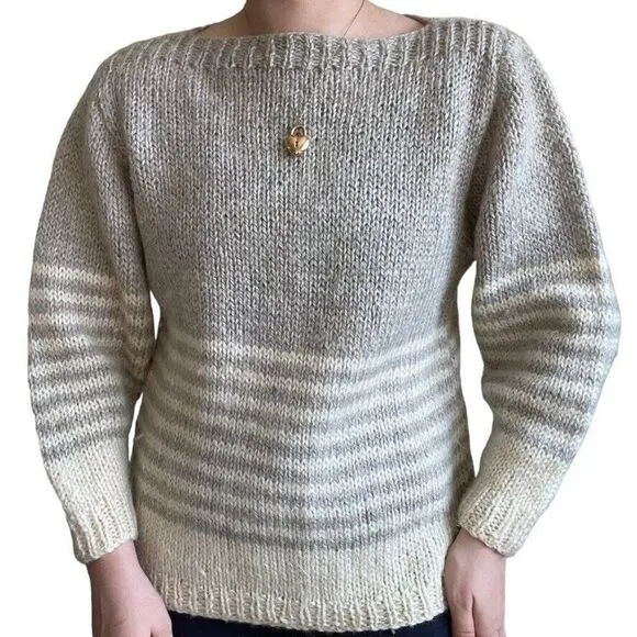 Vintage Hand Knit 100% Wool Brown White Striped Winter Boat Neck Sweater Sz M