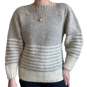 Vintage Hand Knit 100% Wool Brown White Striped Winter Boat Neck Sweater Sz M