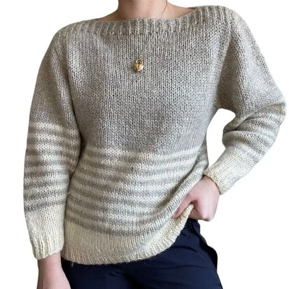 Vintage Hand Knit 100% Wool Brown White Striped Winter Boat Neck Sweater Sz M
