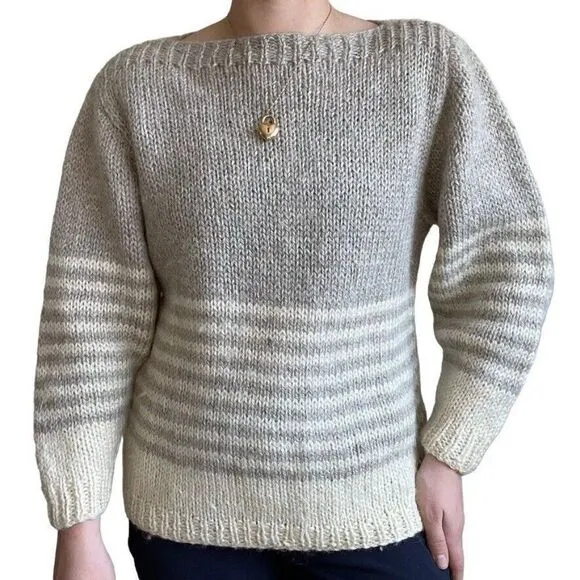 Vintage Hand Knit 100% Wool Brown White Striped Winter Boat Neck Sweater Sz M