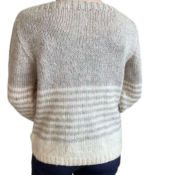 Vintage Hand Knit 100% Wool Brown White Striped Winter Boat Neck Sweater Sz M