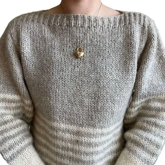 Vintage Hand Knit 100% Wool Brown White Striped Winter Boat Neck Sweater Sz M