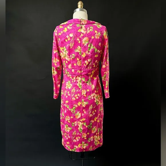 Vintage Lihli at Saks Fifth Avenue Pink Silk Floral Boat Neck Cocktail Dress 8