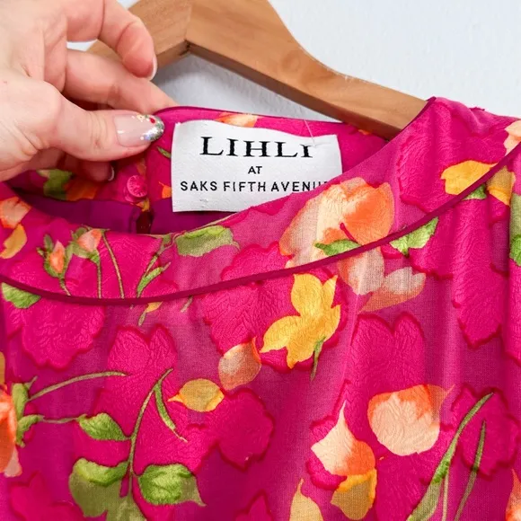 Vintage Lihli at Saks Fifth Avenue Pink Silk Floral Boat Neck Cocktail Dress 8
