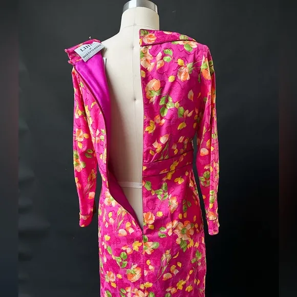 Vintage Lihli at Saks Fifth Avenue Pink Silk Floral Boat Neck Cocktail Dress 8