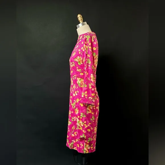 Vintage Lihli at Saks Fifth Avenue Pink Silk Floral Boat Neck Cocktail Dress 8