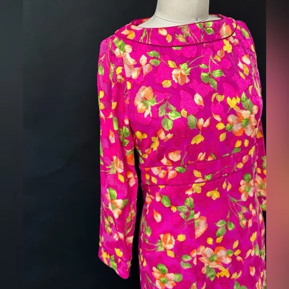 Vintage Lihli at Saks Fifth Avenue Pink Silk Floral Boat Neck Cocktail Dress 8