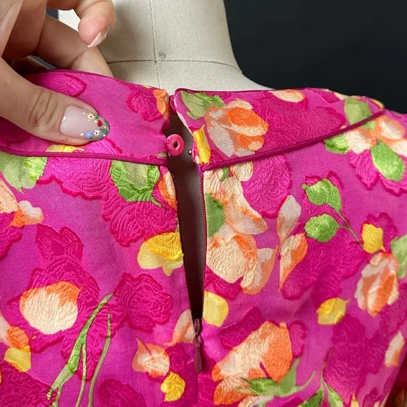 Vintage Lihli at Saks Fifth Avenue Pink Silk Floral Boat Neck Cocktail Dress 8