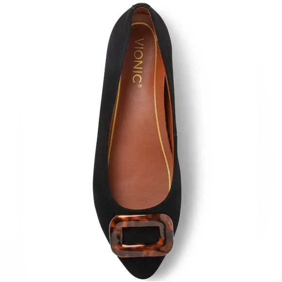 Vionic Amanda Sde Tort Black Suede Buckle Pointed Toe Flats Orthaheel Size US 7