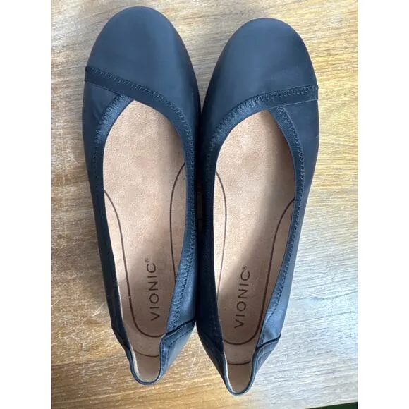 Vionic Caroll Black Leather Shoes Women's 7 Ballet Flats Round Toe Arch Support