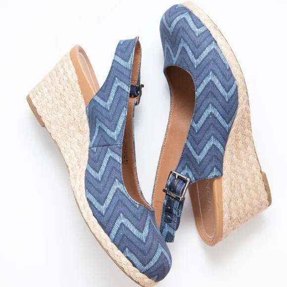 Vionic Cora Lina Wedge Chevron Jute Shoes Slingback Espadrille Blue Tan Size 7