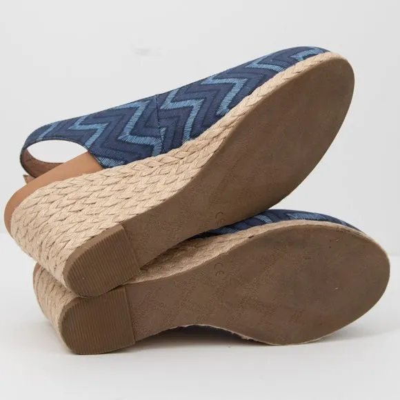 Vionic Cora Lina Wedge Chevron Jute Shoes Slingback Espadrille Blue Tan Size 7