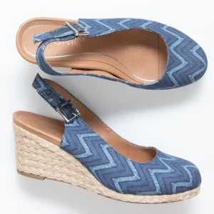 Vionic Cora Lina Wedge Chevron Jute Shoes Slingback Espadrille Blue Tan Size 7