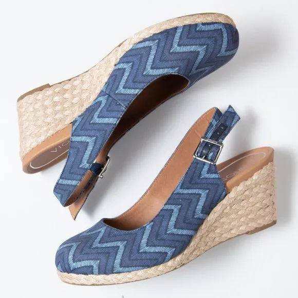 Vionic Cora Lina Wedge Chevron Jute Shoes Slingback Espadrille Blue Tan Size 7