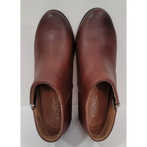 Vionic Jolene Leather Mocha Distressed Side Zip Women Ankle Booties Sz.6.5