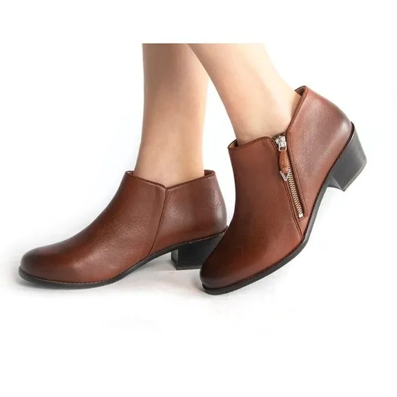 Vionic Jolene Leather Mocha Distressed Side Zip Women Ankle Booties Sz.6.5