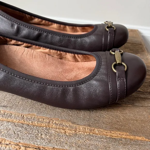 Vionic Shoes Womens 8.5 Brown Leather Delanie Ballet Flats Comfort Slip Ons