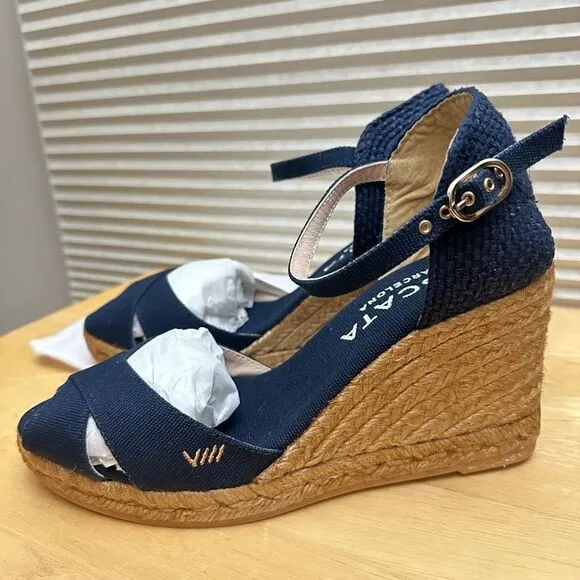 VISCATA Aiguablava Canvas WedgeS espadrille Slingback Navy Sandals sz EU 39/US 8