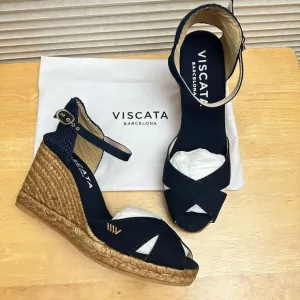VISCATA Aiguablava Canvas WedgeS espadrille Slingback Navy Sandals sz EU 39/US 8