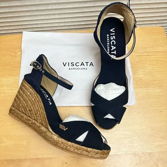 VISCATA Aiguablava Canvas WedgeS espadrille Slingback Navy Sandals sz EU 39/US 8